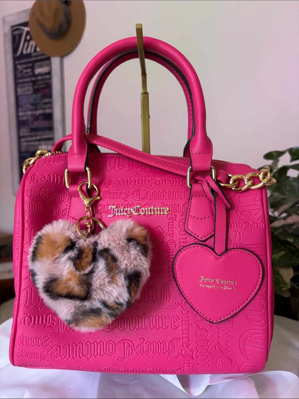 Juicy Couture Bright Pink Embossed Satchel with Heart Tag